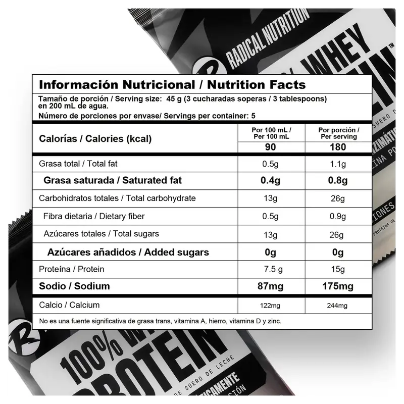 Tabla nutricional de 100% Whey protein cookies and cream 225 g
