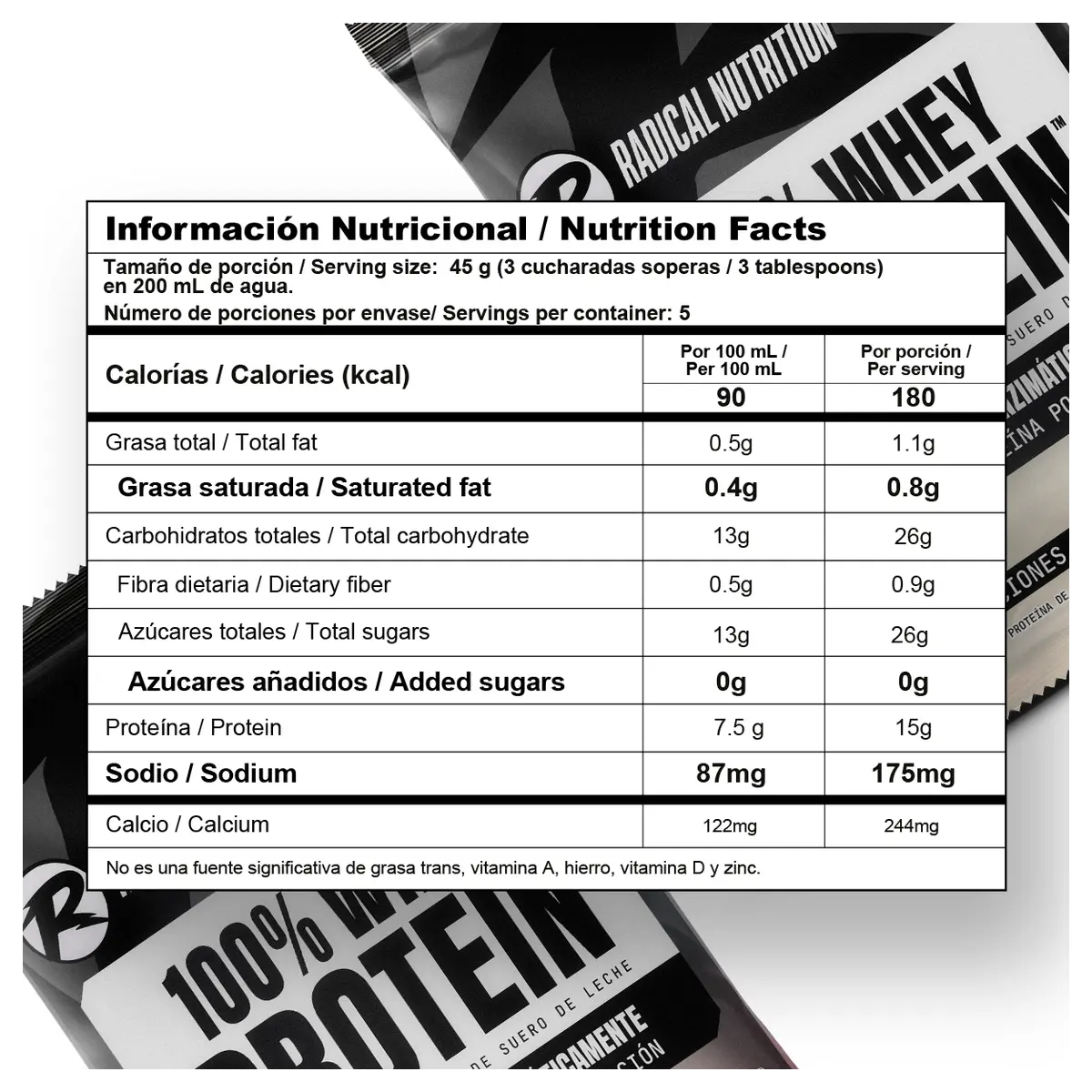 Tabla nutricional de 100% Whey protein cookies and cream 225 g
