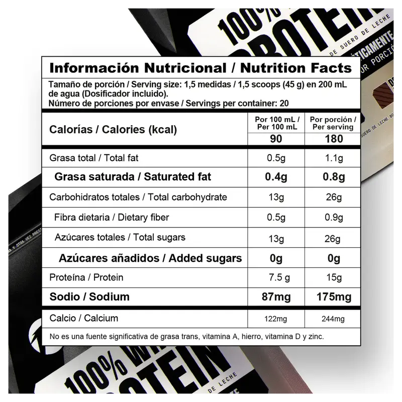 Tabla nutricional de 100% Whey protein cookies and cream 900 g