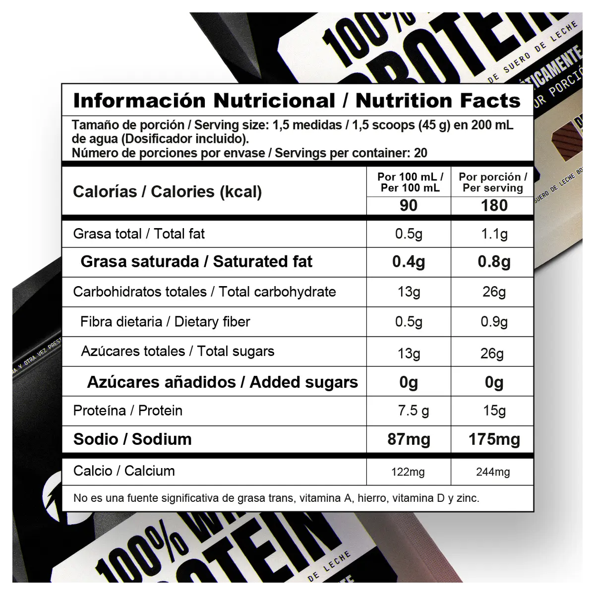 Tabla nutricional de 100% Whey protein cookies and cream 900 g